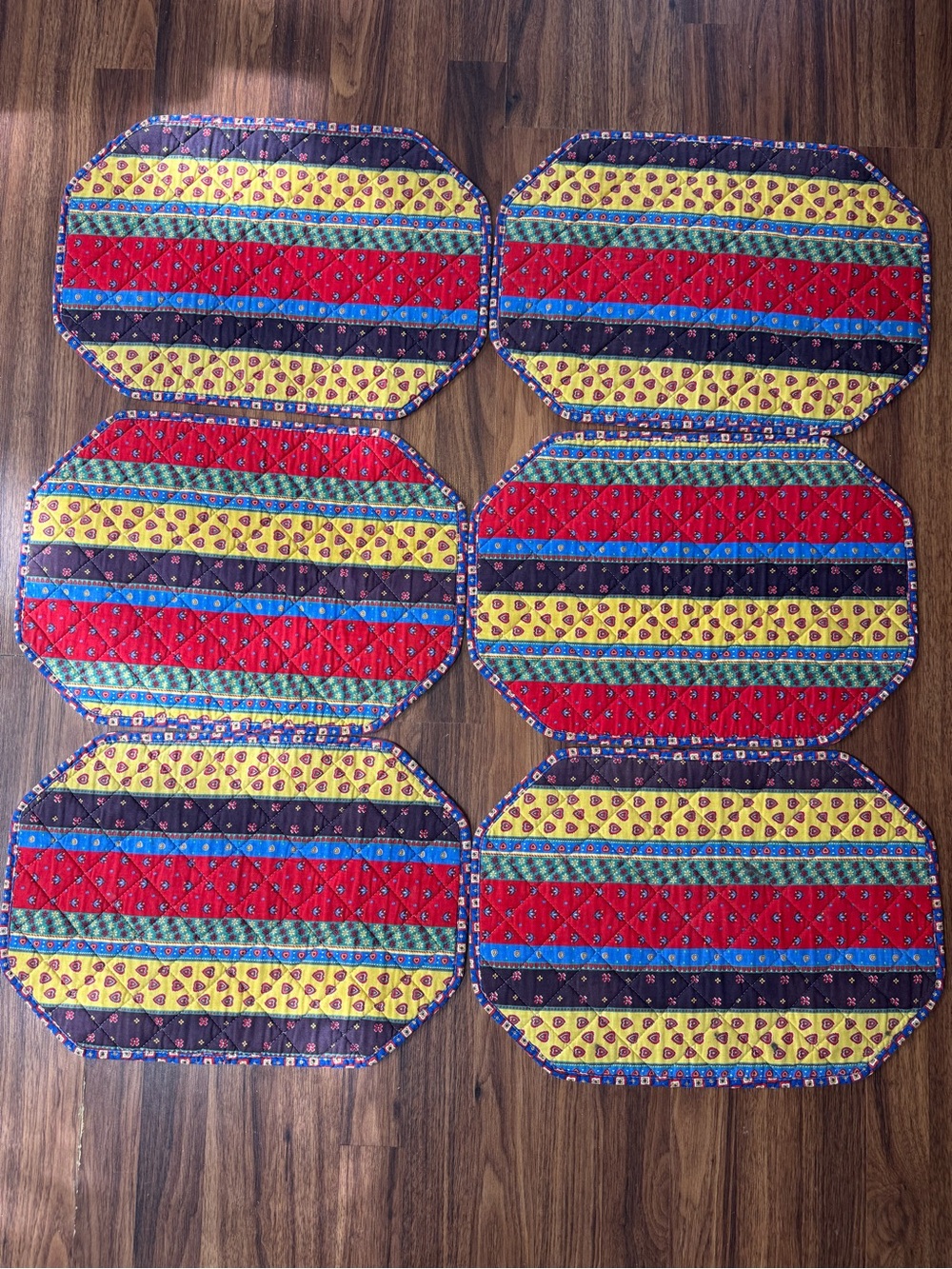 6 Vintage Quilted Fabric Octagon Placemats Retro Yellow Blue Cottagecore